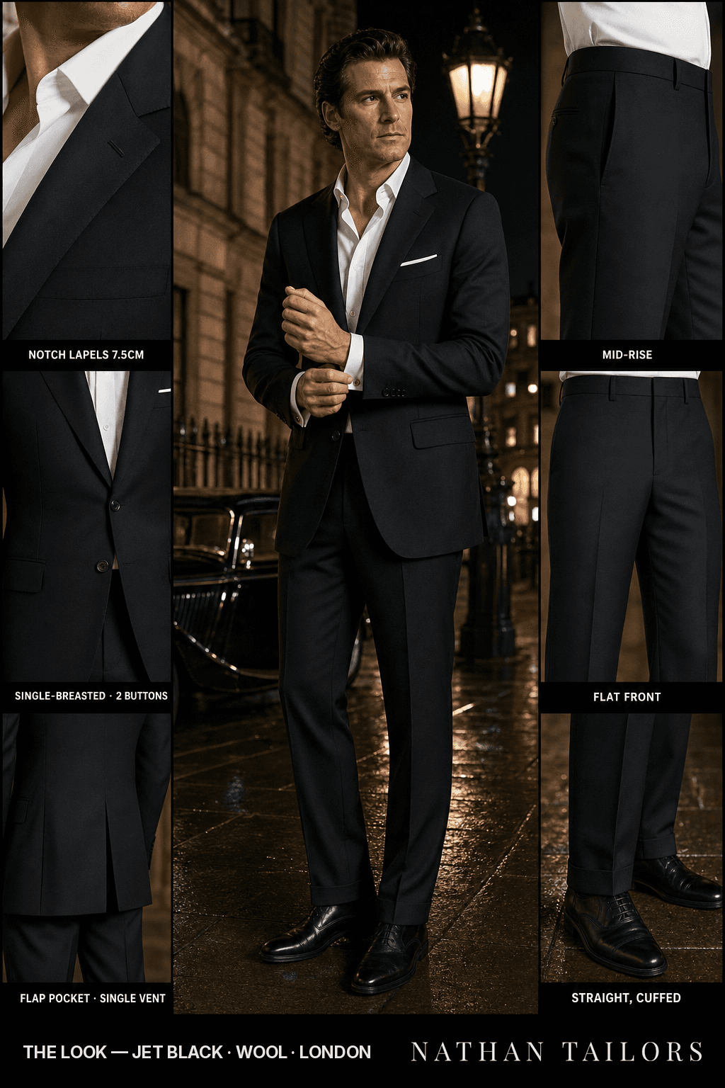 jet black single-breasted notch-lapel bespoke suit — AI-rendered by Nathan Tailors, the Hoi An custom tailor. Available as a custom tailored suit from $149.
