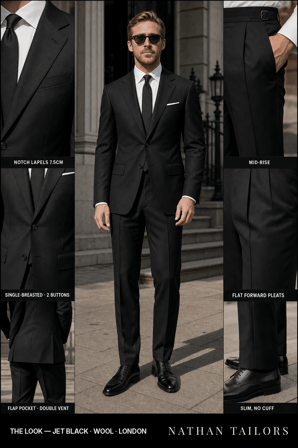 jet black single-breasted notch-lapel bespoke suit — AI-rendered by Nathan Tailors, the Hoi An custom tailor. Available as a custom tailored suit from $149.