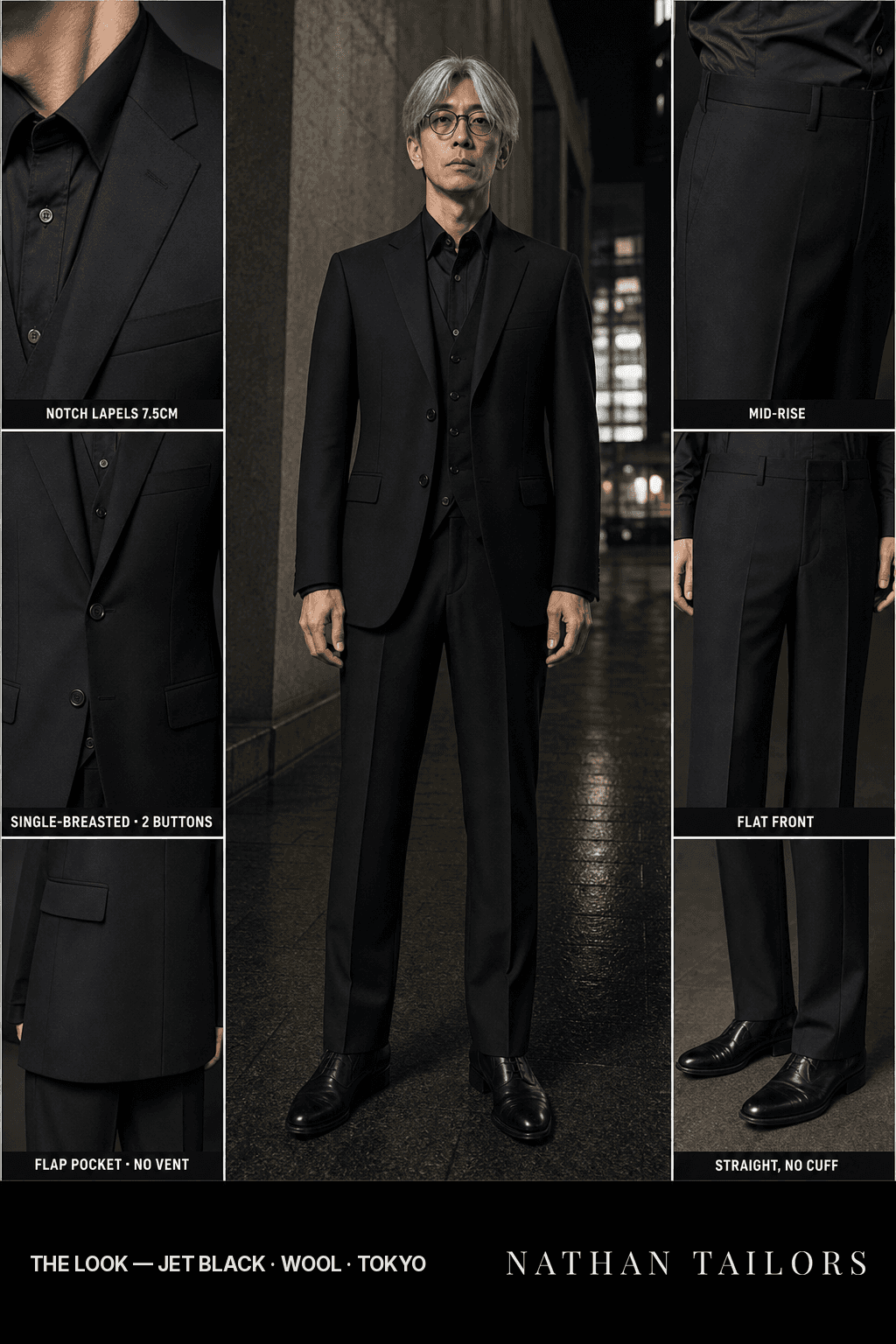 jet black single-breasted bespoke suit — custom tailored by Nathan Tailors, the Hoi An custom tailor