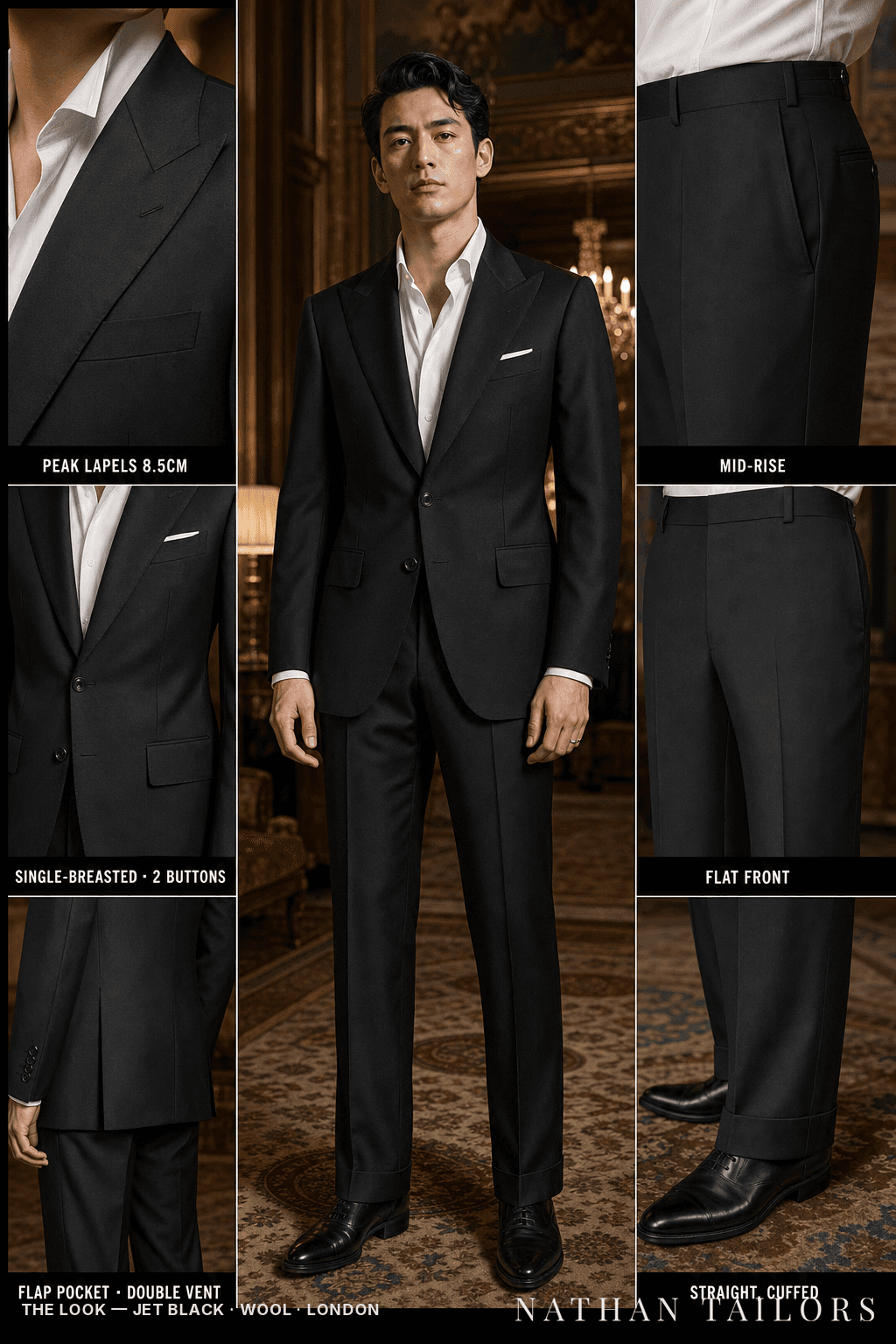 jet black single-breasted peak-lapel bespoke suit — AI-rendered by Nathan Tailors, the Hoi An custom tailor. Available as a custom tailored suit from $149.