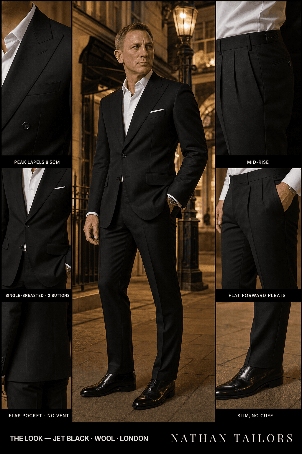 jet black single-breasted bespoke suit — custom tailored by Nathan Tailors, the Hoi An custom tailor