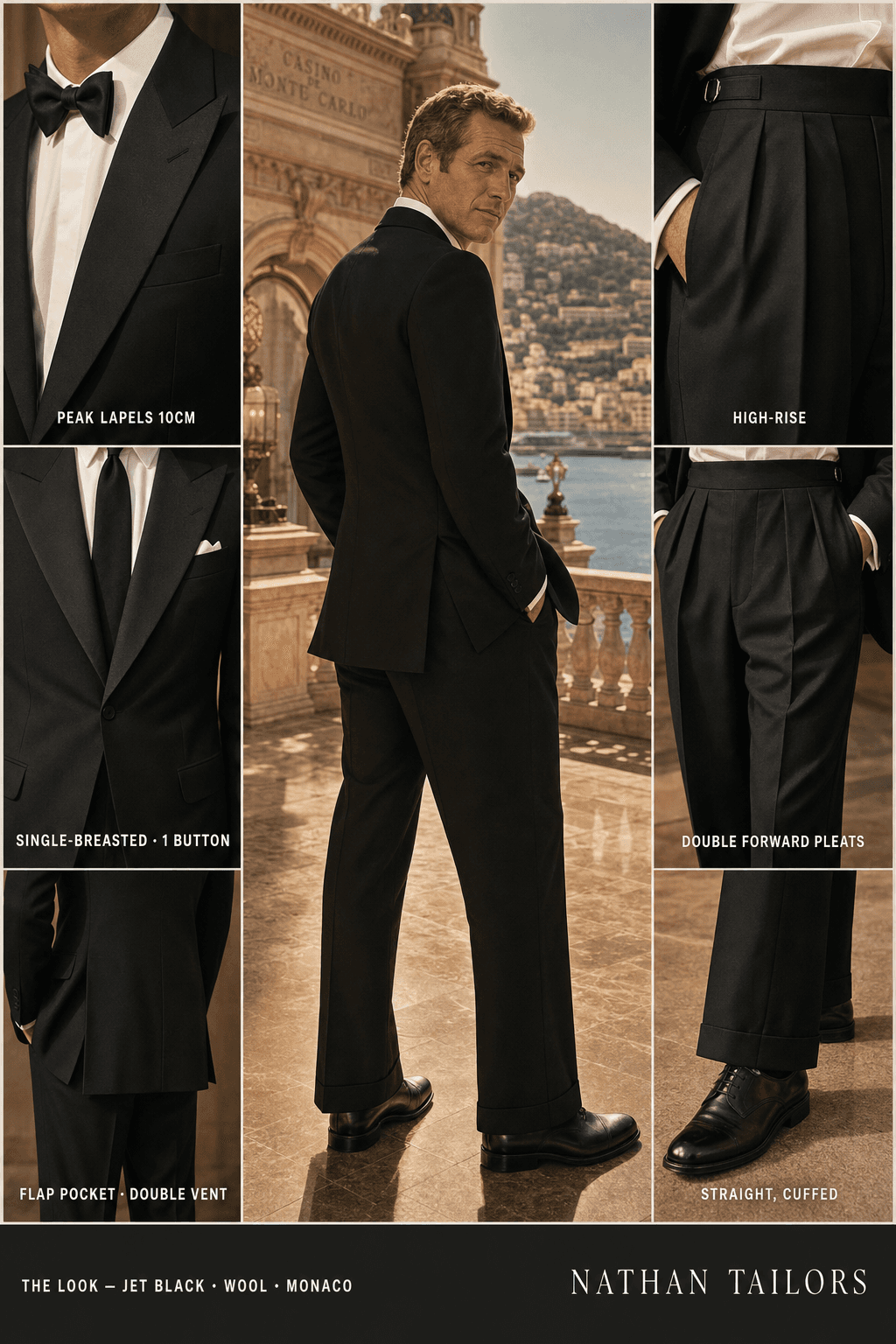 jet black single-breasted bespoke suit — custom tailored by Nathan Tailors, the Hoi An custom tailor