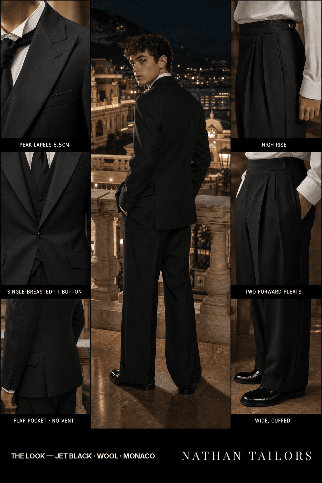 jet black single-breasted peak-lapel bespoke suit — AI-rendered by Nathan Tailors, the Hoi An custom tailor. Available as a custom tailored suit from $149.