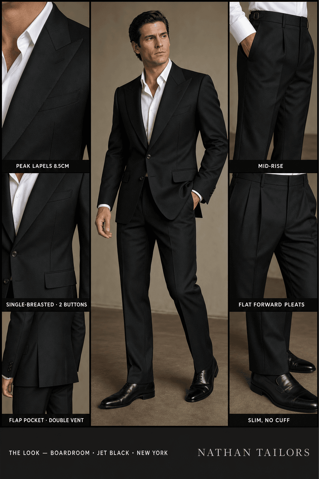 jet black single-breasted peak-lapel bespoke suit — AI-rendered by Nathan Tailors, the Hoi An custom tailor. Available as a custom tailored suit from $129.