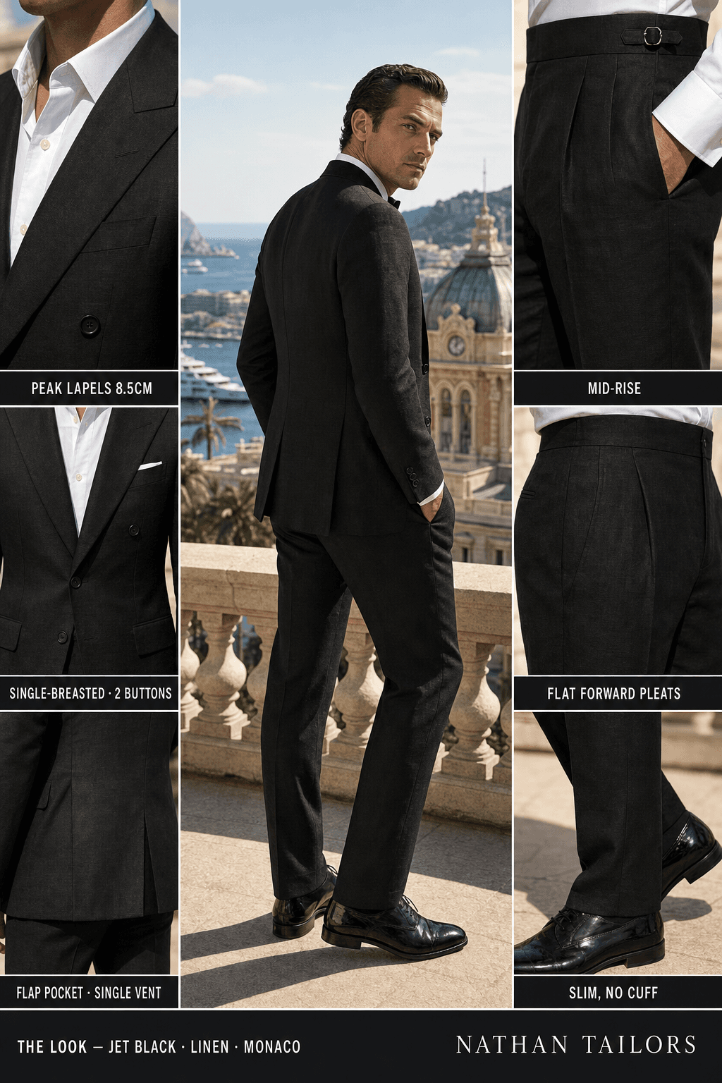 jet black single-breasted peak-lapel bespoke suit — AI-rendered by Nathan Tailors, the Hoi An custom tailor. Available as a custom tailored suit from $149.