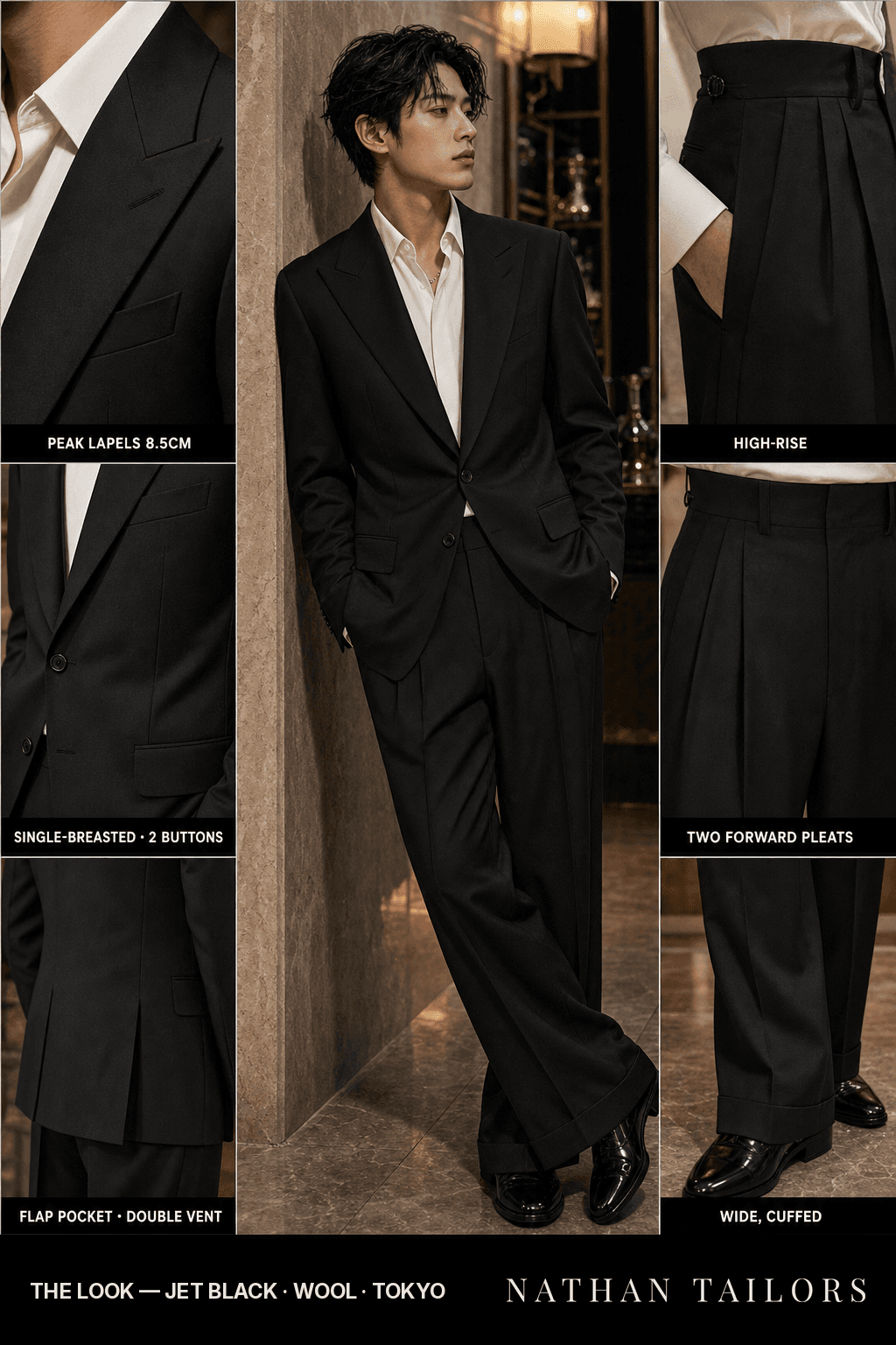 jet black single-breasted bespoke suit — custom tailored by Nathan Tailors, the Hoi An custom tailor