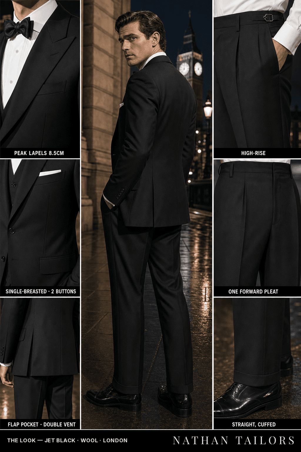 jet black single-breasted peak-lapel bespoke suit — AI-rendered by Nathan Tailors, the Hoi An custom tailor. Available as a custom tailored suit from $149.