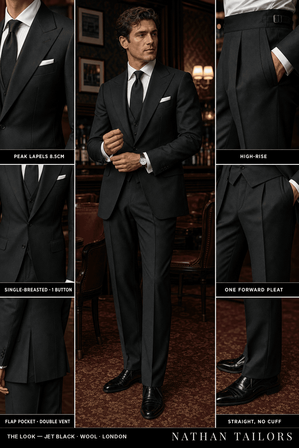jet black single-breasted suit — Nathan Tailors Hoi An tailor Atelier render