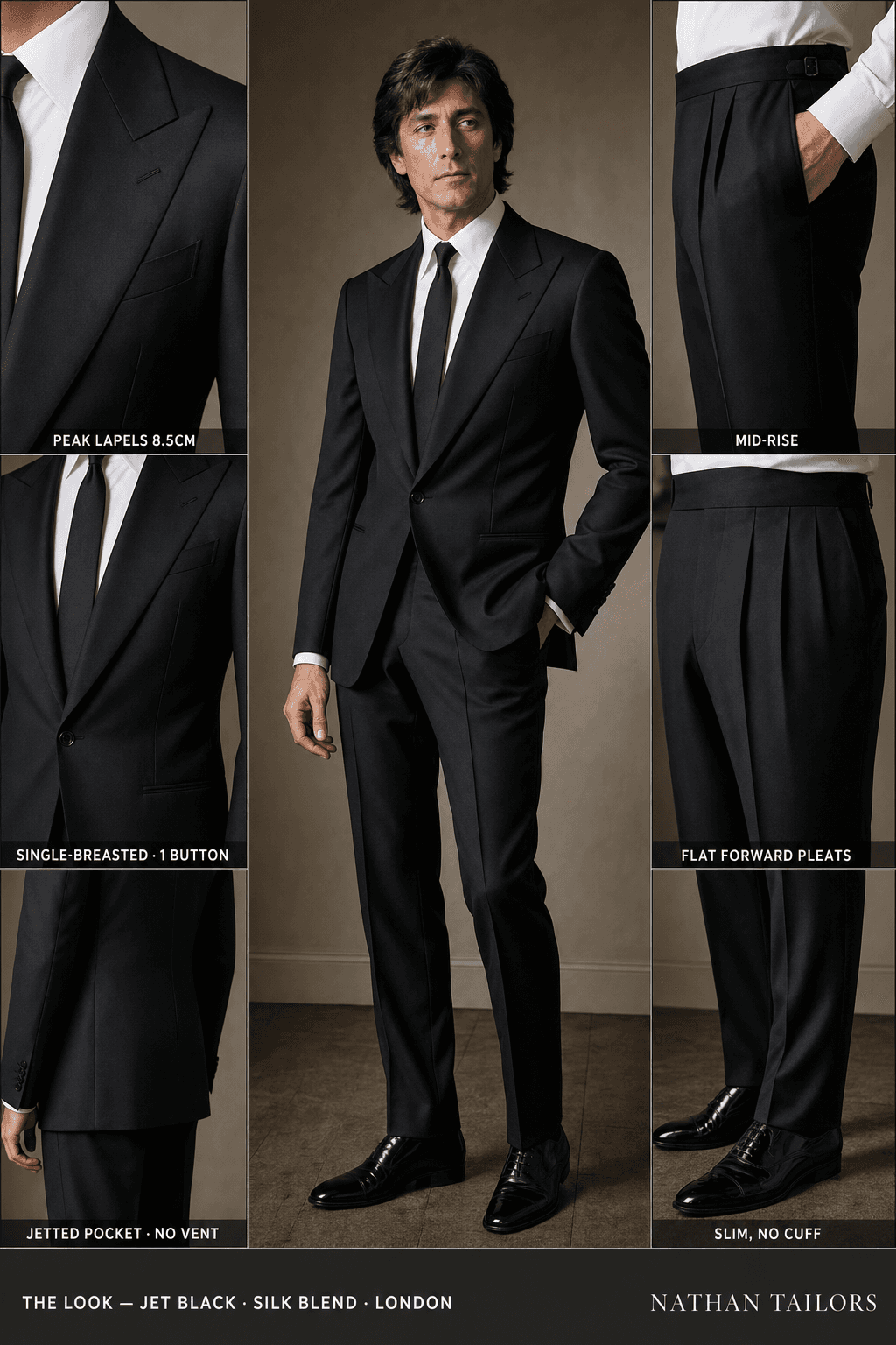 jet black single-breasted bespoke suit — custom tailored by Nathan Tailors, the Hoi An custom tailor