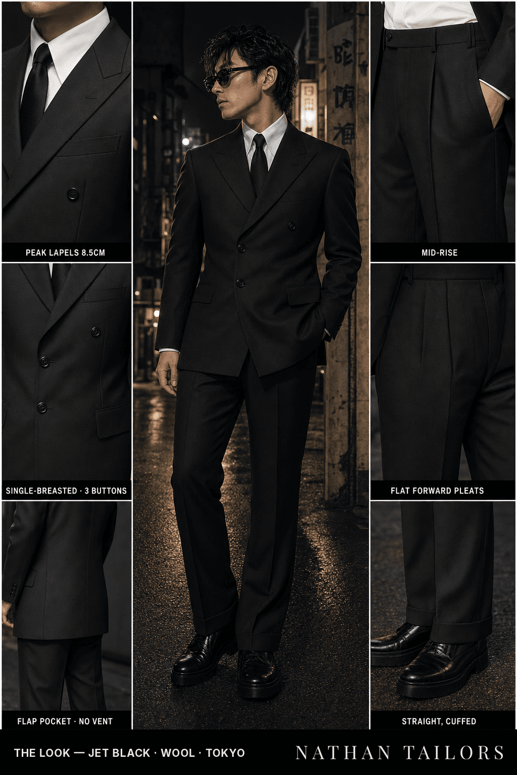 jet black single-breasted bespoke suit — custom tailored by Nathan Tailors, the Hoi An custom tailor