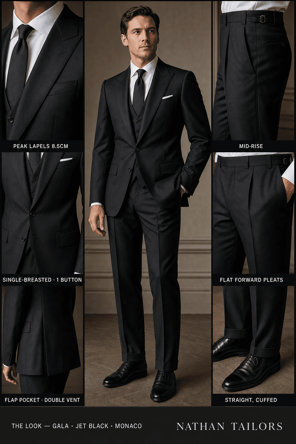 jet black single-breasted peak-lapel bespoke suit — AI-rendered by Nathan Tailors, the Hoi An custom tailor. Available as a custom tailored suit from $129.