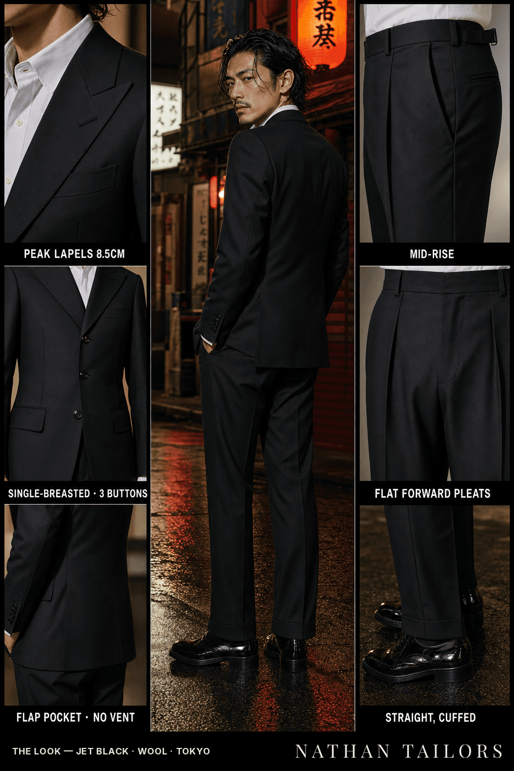 jet black single-breasted bespoke suit — custom tailored by Nathan Tailors, the Hoi An custom tailor