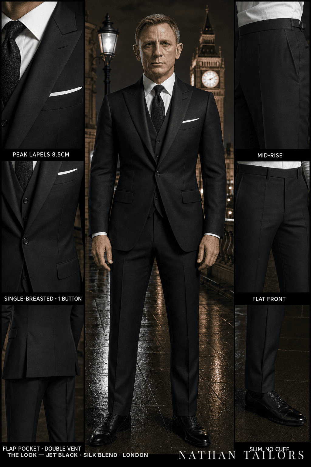 jet black single-breasted bespoke suit — custom tailored by Nathan Tailors, the Hoi An custom tailor