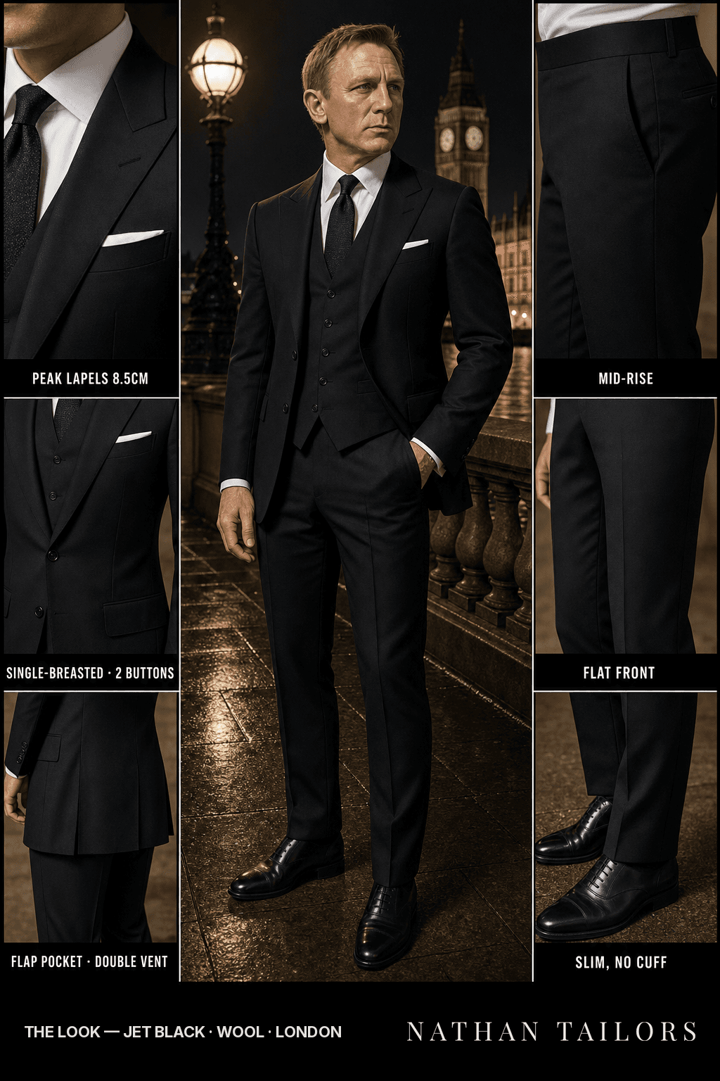 jet black single-breasted bespoke suit — custom tailored by Nathan Tailors, the Hoi An custom tailor
