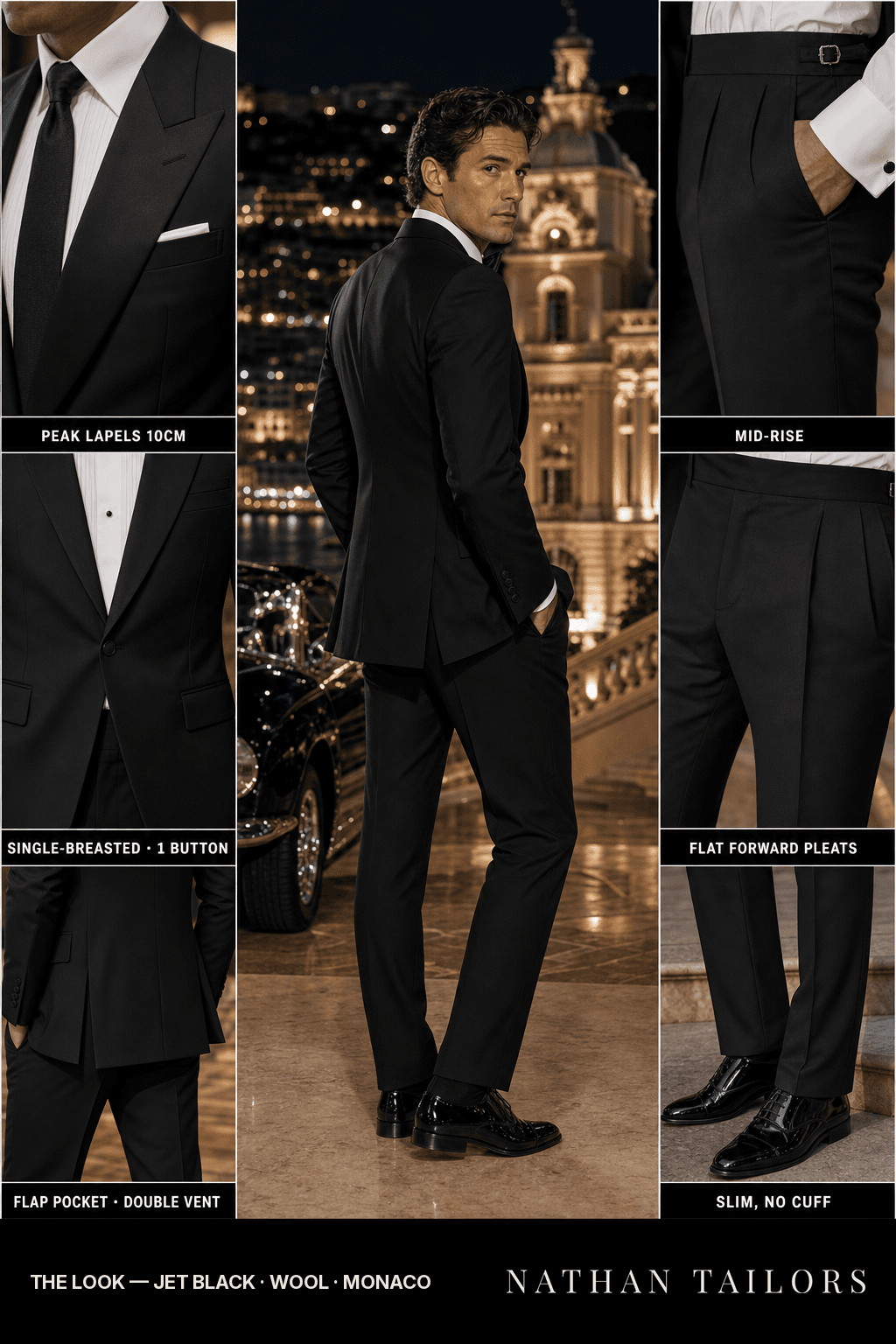 jet black single-breasted peak-lapel bespoke suit — AI-rendered by Nathan Tailors, the Hoi An custom tailor. Available as a custom tailored suit from $149.