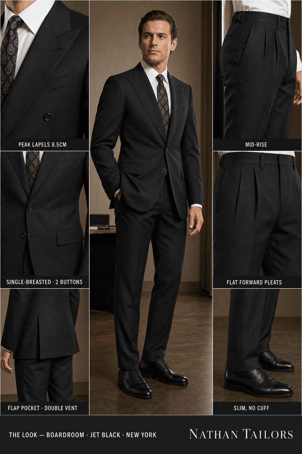 jet black single-breasted peak-lapel bespoke suit — AI-rendered by Nathan Tailors, the Hoi An custom tailor. Available as a custom tailored suit from $129.