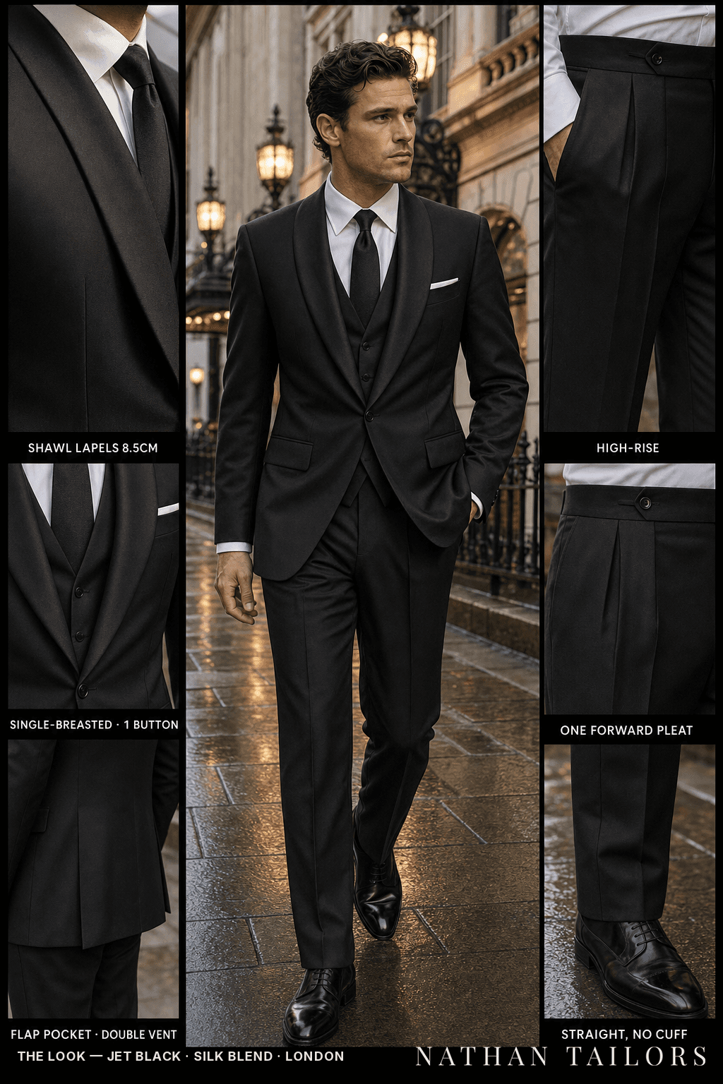 jet black single-breasted suit — Nathan Tailors Hoi An tailor Atelier render