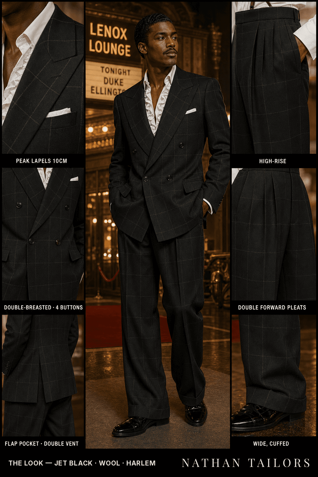 jet black windowpane double-breasted bespoke suit — custom tailored by Nathan Tailors, the Hoi An custom tailor