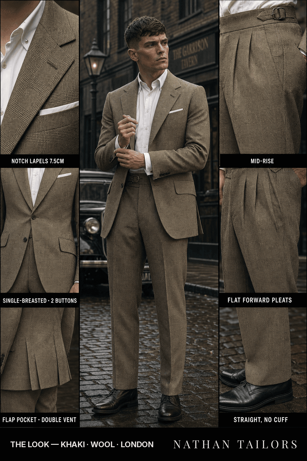khaki glen plaid single-breasted notch-lapel bespoke suit — AI-rendered by Nathan Tailors, the Hoi An custom tailor. Available as a custom tailored suit from $149.