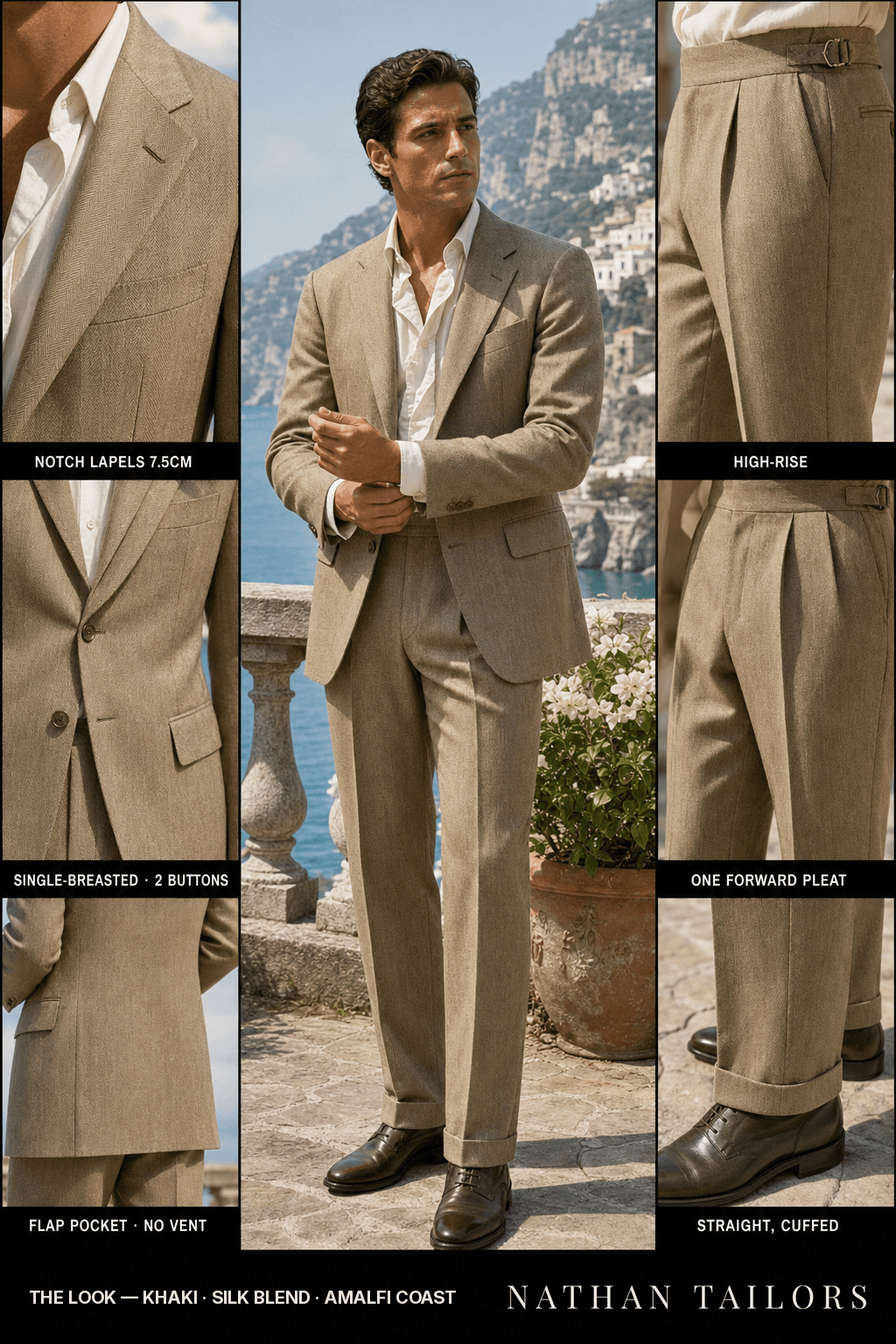 khaki herringbone single-breasted bespoke suit — custom tailored by Nathan Tailors, the Hoi An custom tailor