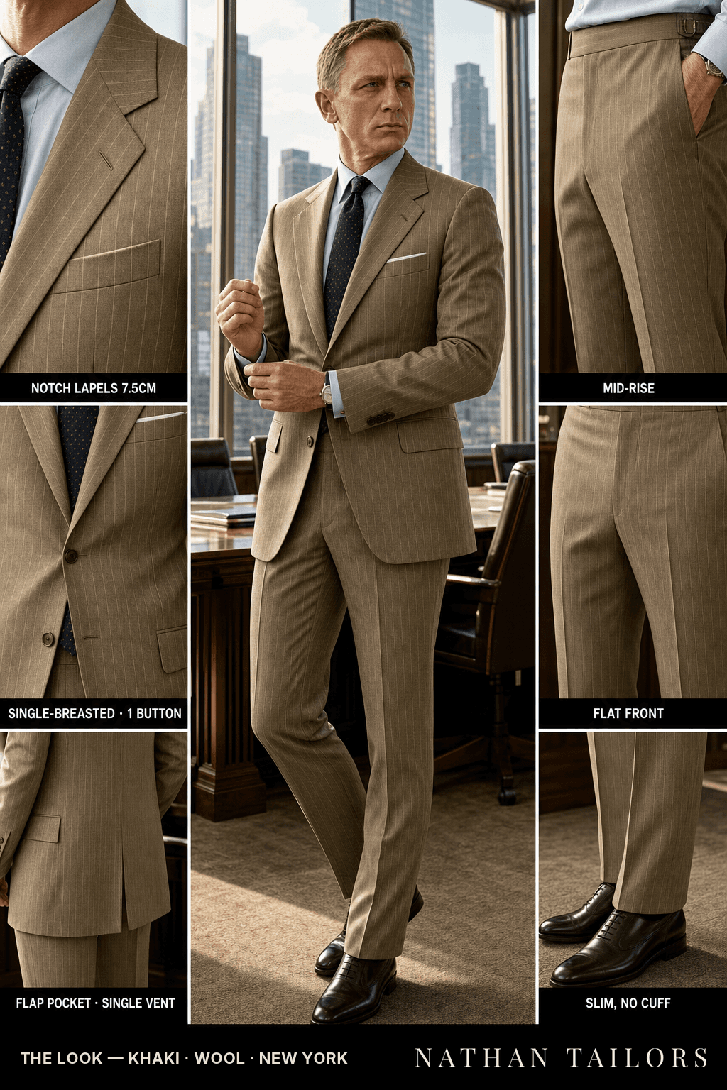 khaki pinstripe single-breasted bespoke suit — custom tailored by Nathan Tailors, the Hoi An custom tailor