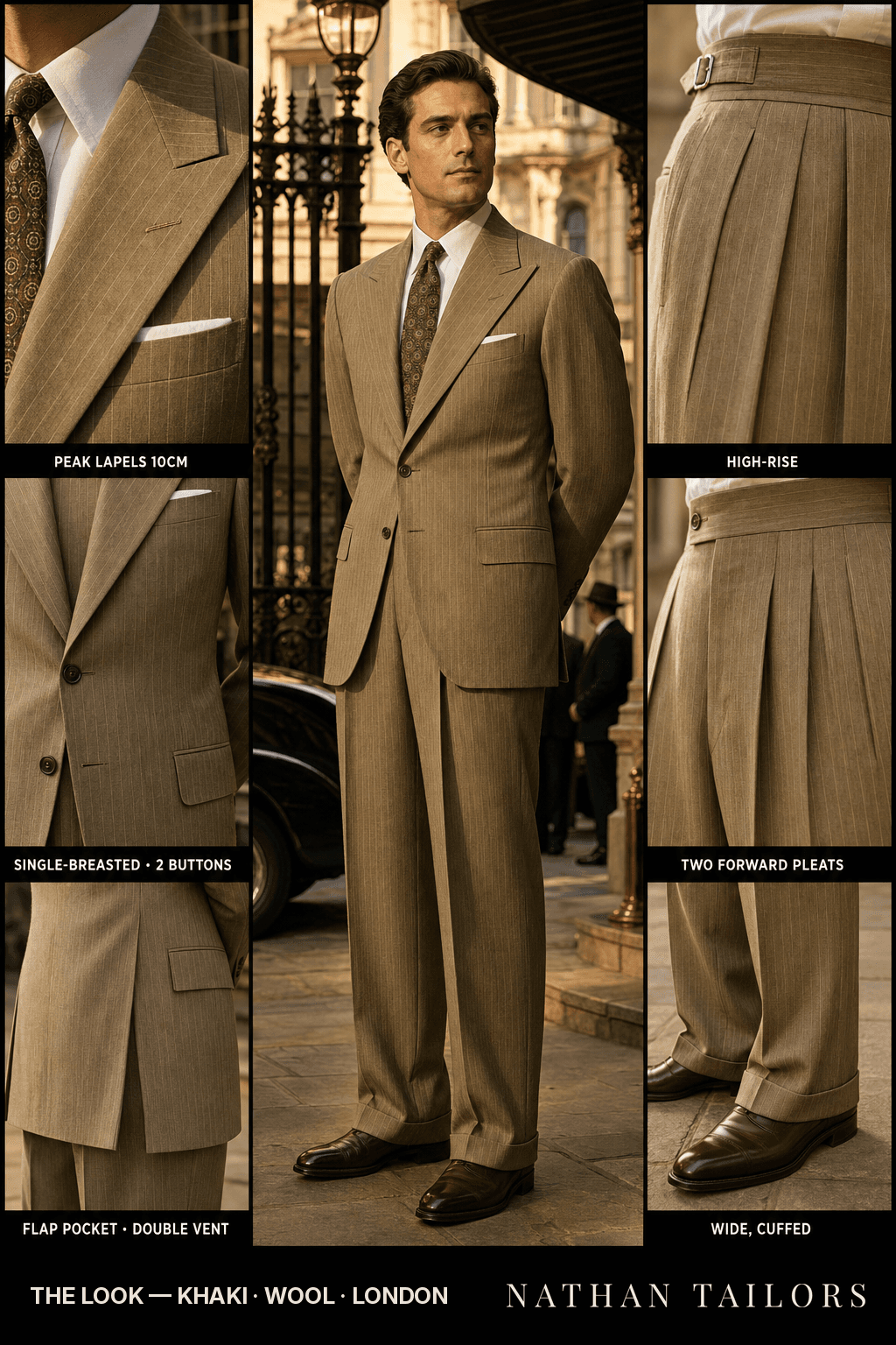 khaki pinstripe single-breasted bespoke suit — custom tailored by Nathan Tailors, the Hoi An custom tailor