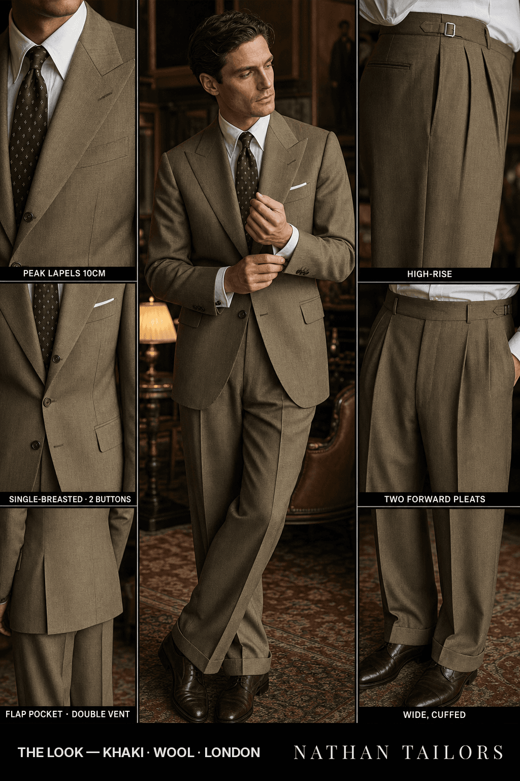 khaki single-breasted bespoke suit — custom tailored by Nathan Tailors, the Hoi An custom tailor