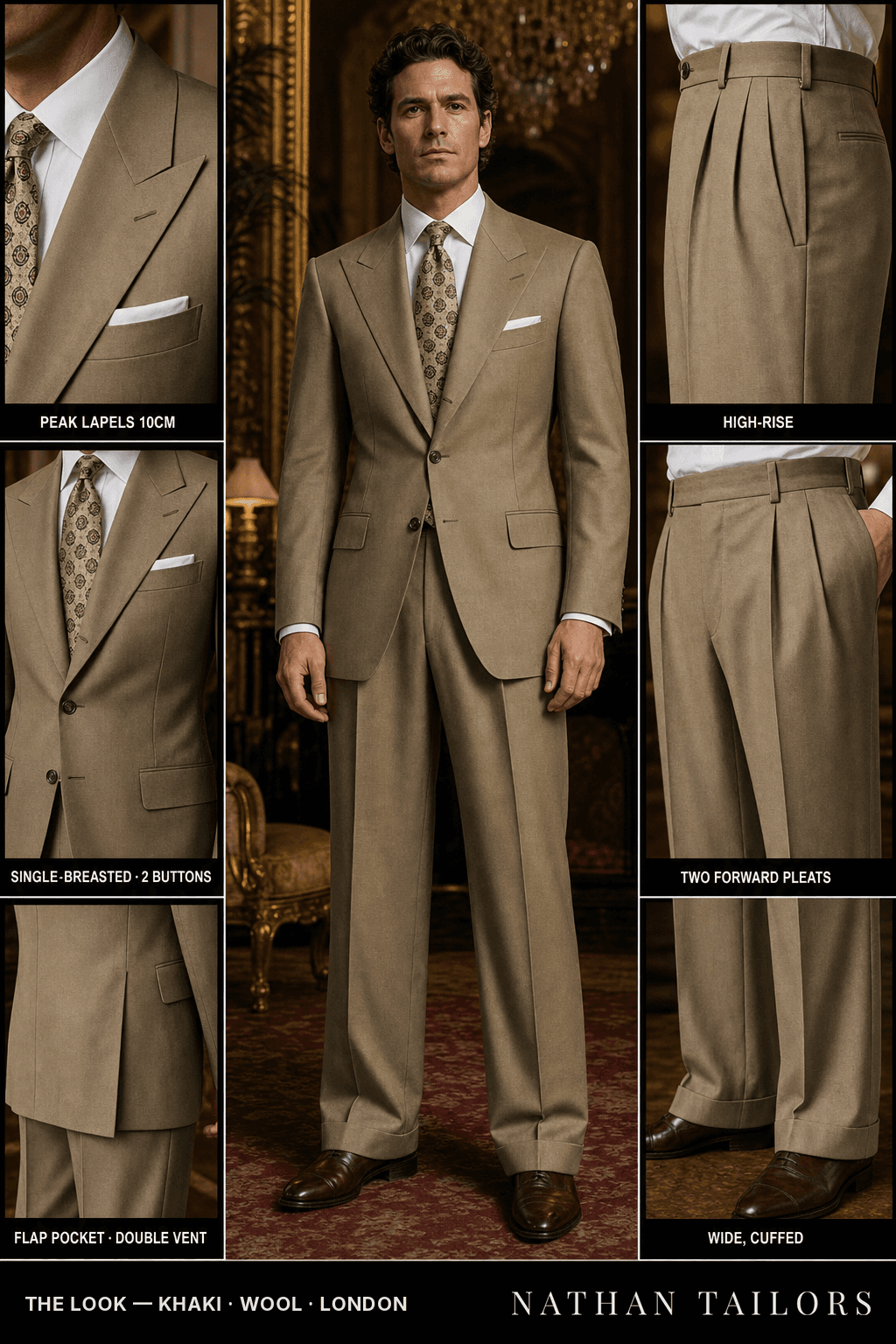 khaki single-breasted peak-lapel bespoke suit — AI-rendered by Nathan Tailors, the Hoi An custom tailor. Available as a custom tailored suit from $149.