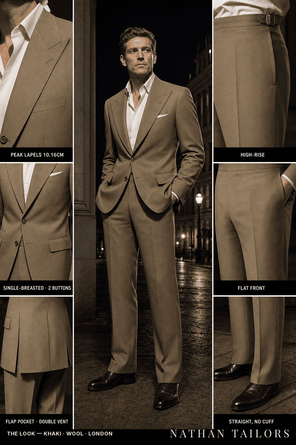 khaki single-breasted bespoke suit — custom tailored by Nathan Tailors, the Hoi An custom tailor