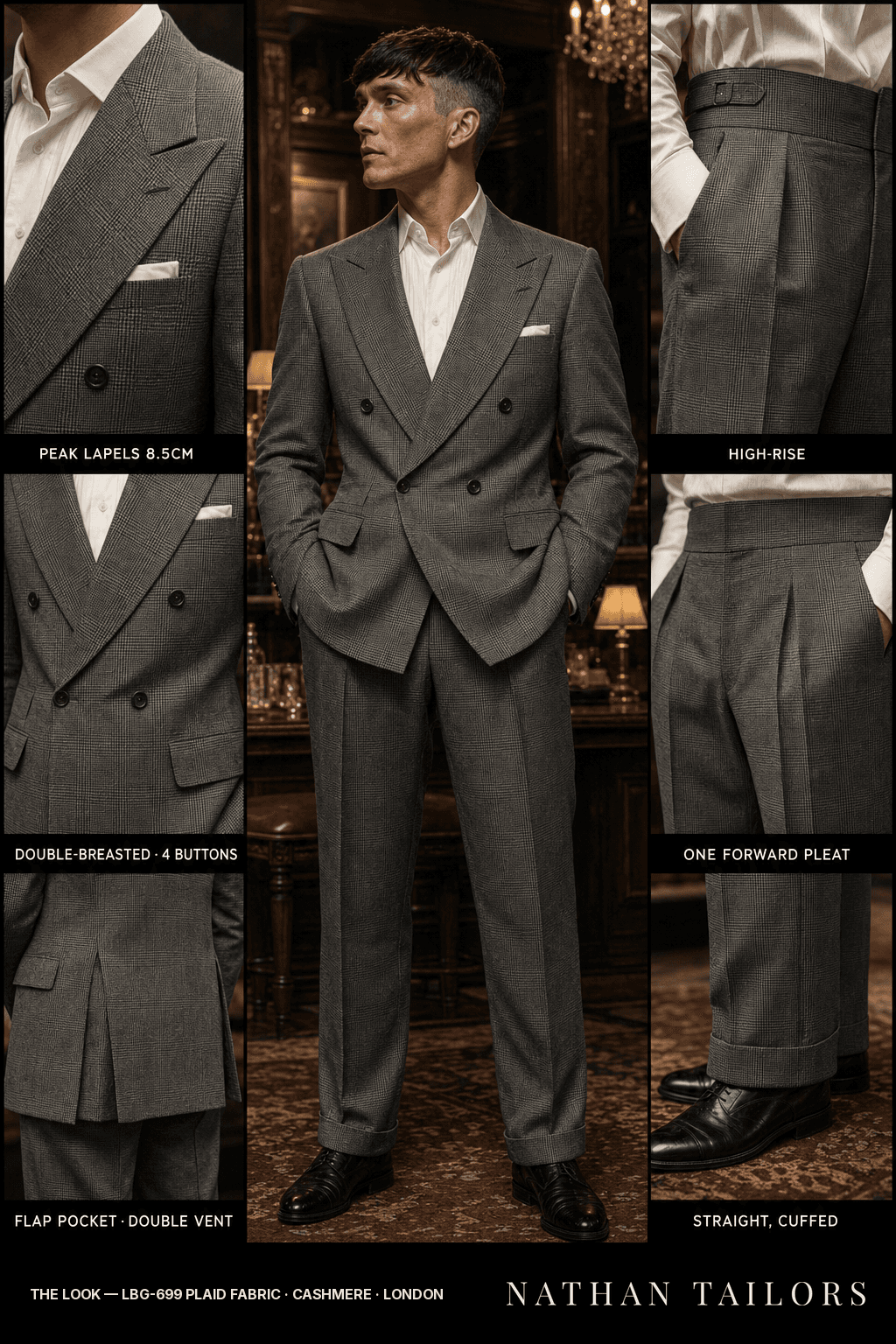 LBG-699 plaid fabric double-breasted peak-lapel bespoke suit — AI-rendered by Nathan Tailors, the Hoi An custom tailor. Available as a custom tailored suit from $149.