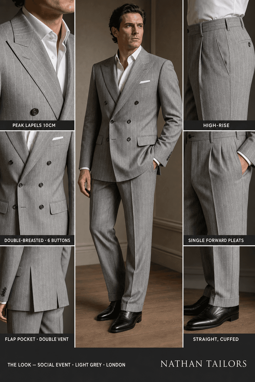 light grey chalk stripe double-breasted peak-lapel bespoke suit — AI-rendered by Nathan Tailors, the Hoi An custom tailor. Available as a custom tailored suit from $129.