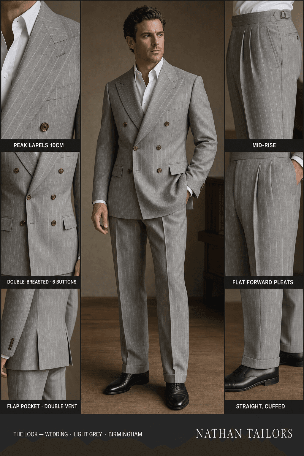 light grey chalk stripe double-breasted peak-lapel bespoke suit — AI-rendered by Nathan Tailors, the Hoi An custom tailor. Available as a custom tailored suit from $129.