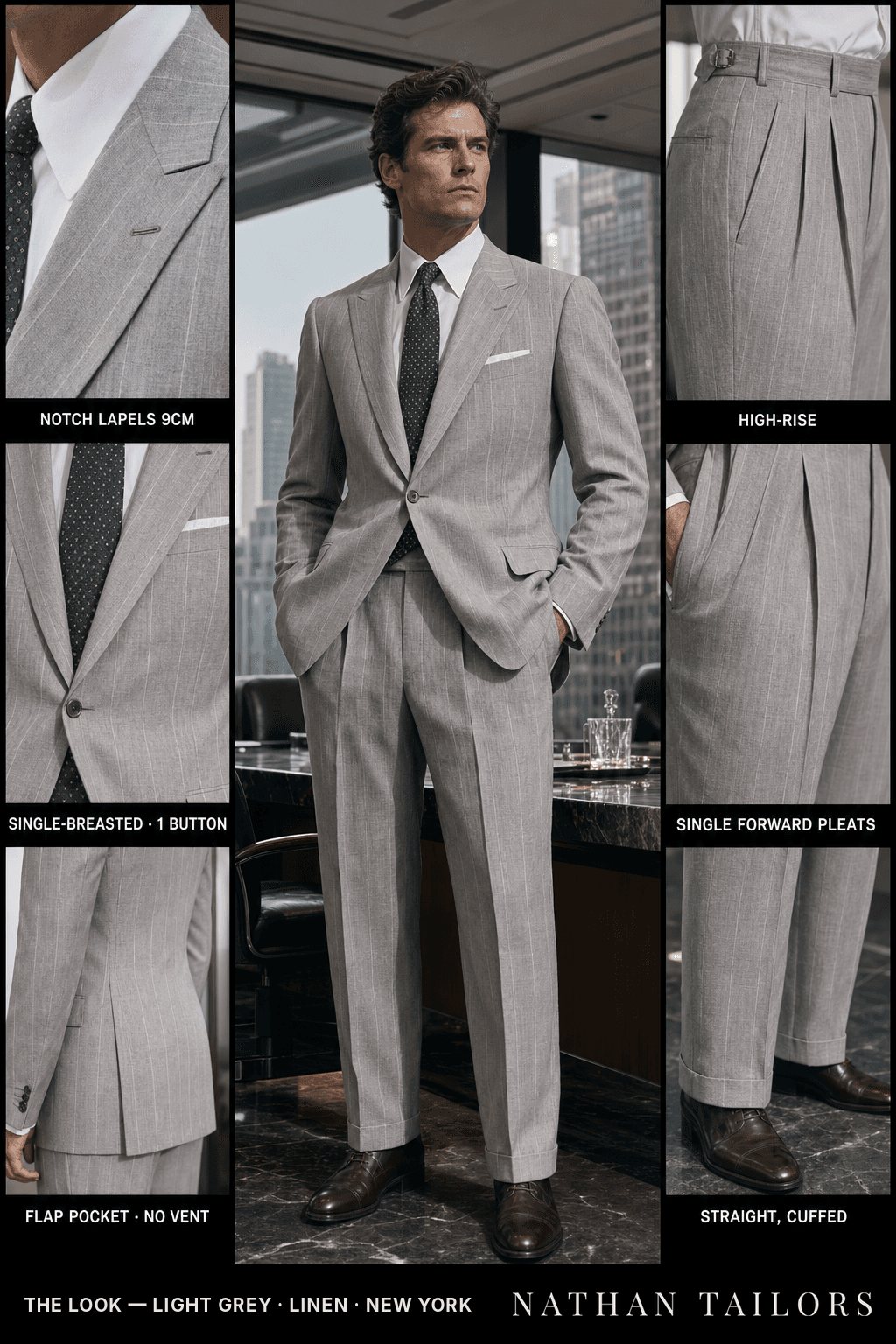light grey chalk stripe single-breasted notch-lapel bespoke suit — AI-rendered by Nathan Tailors, the Hoi An custom tailor. Available as a custom tailored suit from $149.