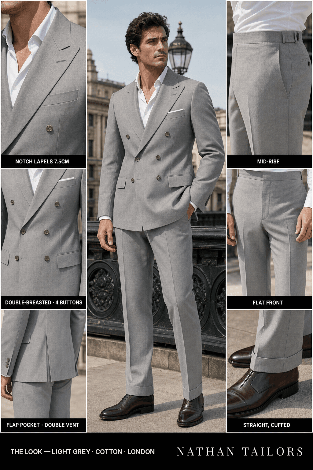 light grey double-breasted bespoke suit — custom tailored by Nathan Tailors, the Hoi An custom tailor