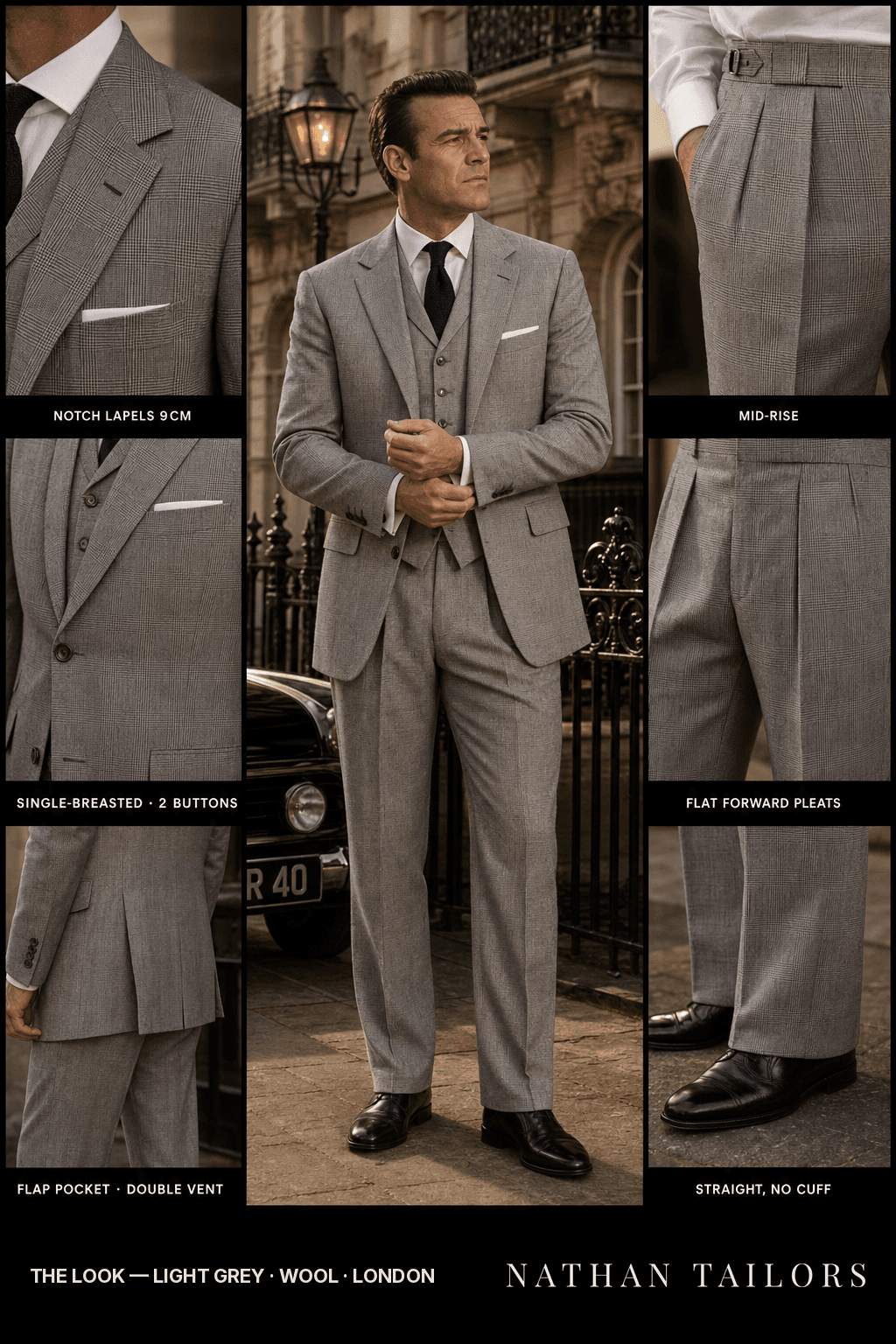 light grey glen plaid single-breasted notch-lapel bespoke suit — AI-rendered by Nathan Tailors, the Hoi An custom tailor. Available as a custom tailored suit from $149.