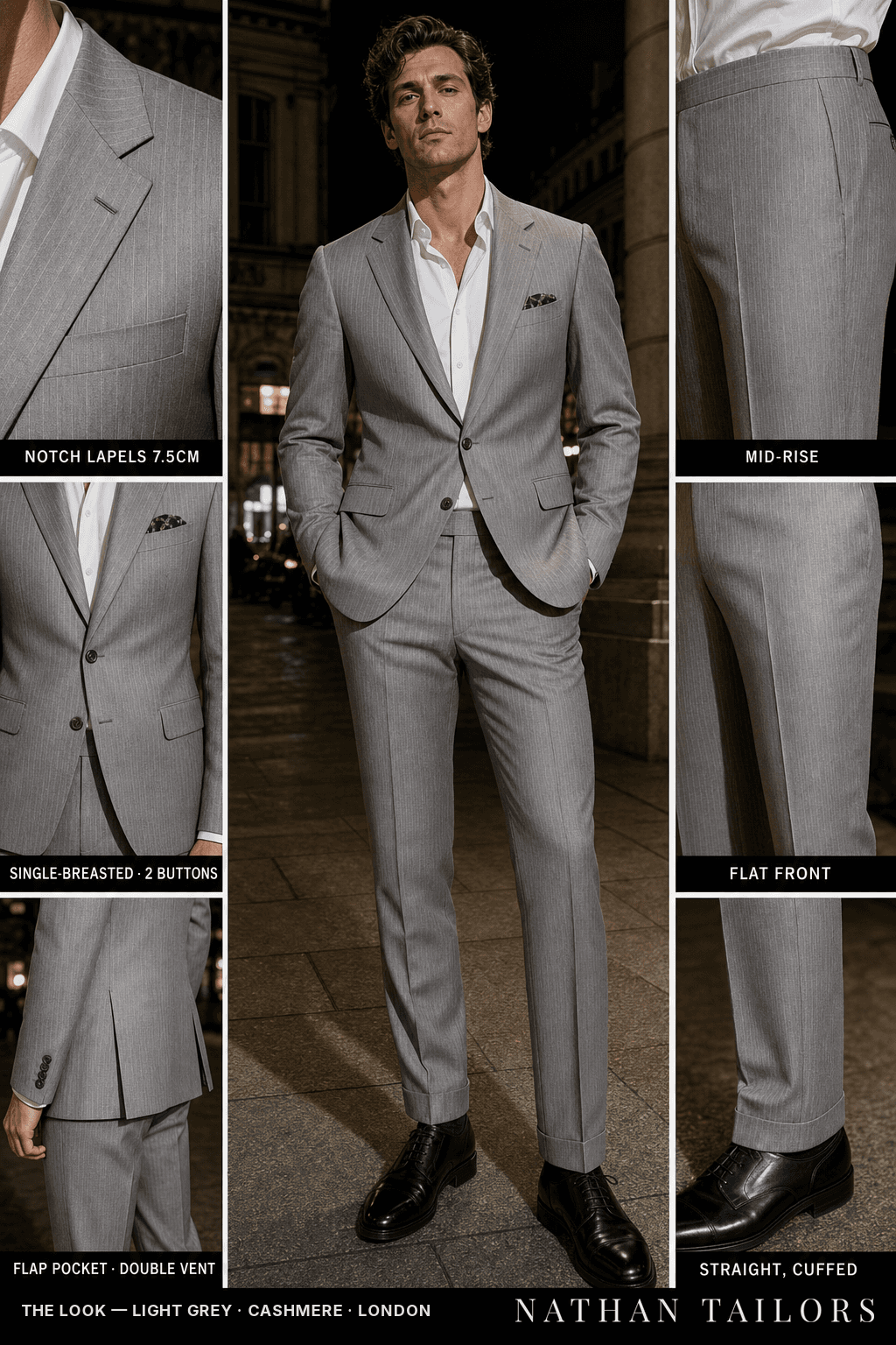 light grey pinstripe single-breasted bespoke suit — custom tailored by Nathan Tailors, the Hoi An custom tailor