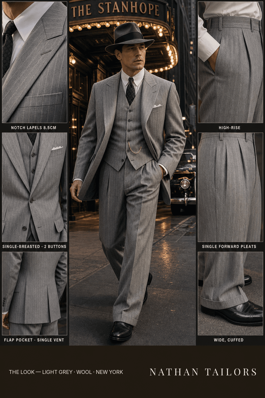 light grey pinstripe single-breasted bespoke suit — custom tailored by Nathan Tailors, the Hoi An custom tailor