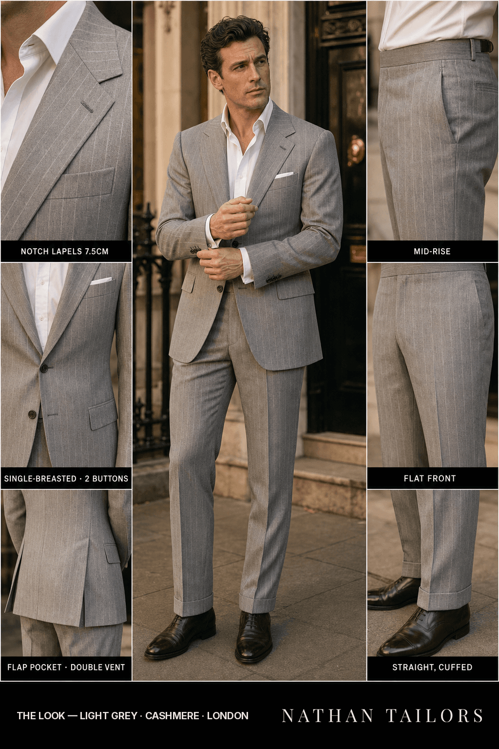 light grey pinstripe single-breasted bespoke suit — custom tailored by Nathan Tailors, the Hoi An custom tailor