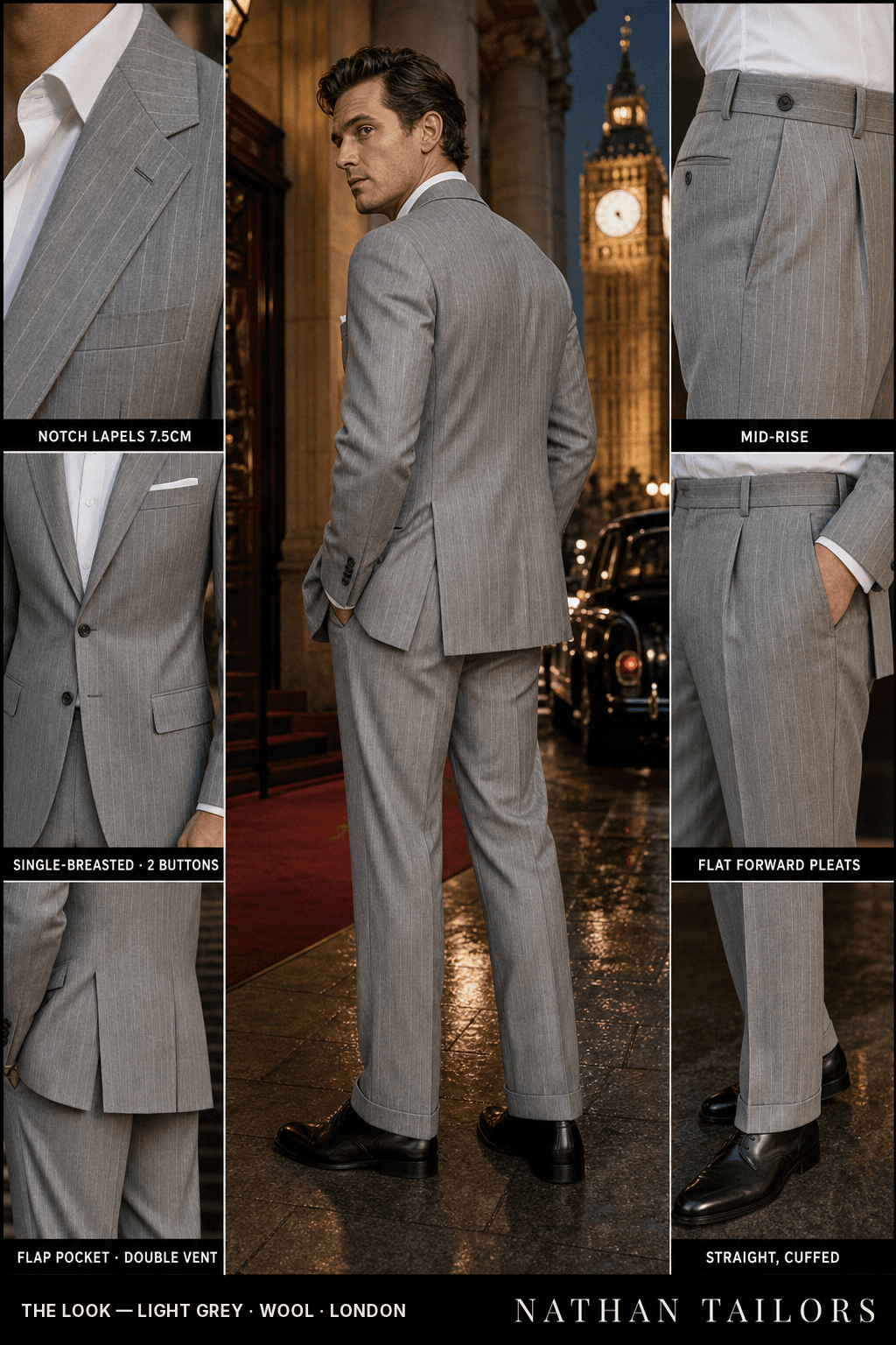 light grey pinstripe single-breasted bespoke suit — custom tailored by Nathan Tailors, the Hoi An custom tailor