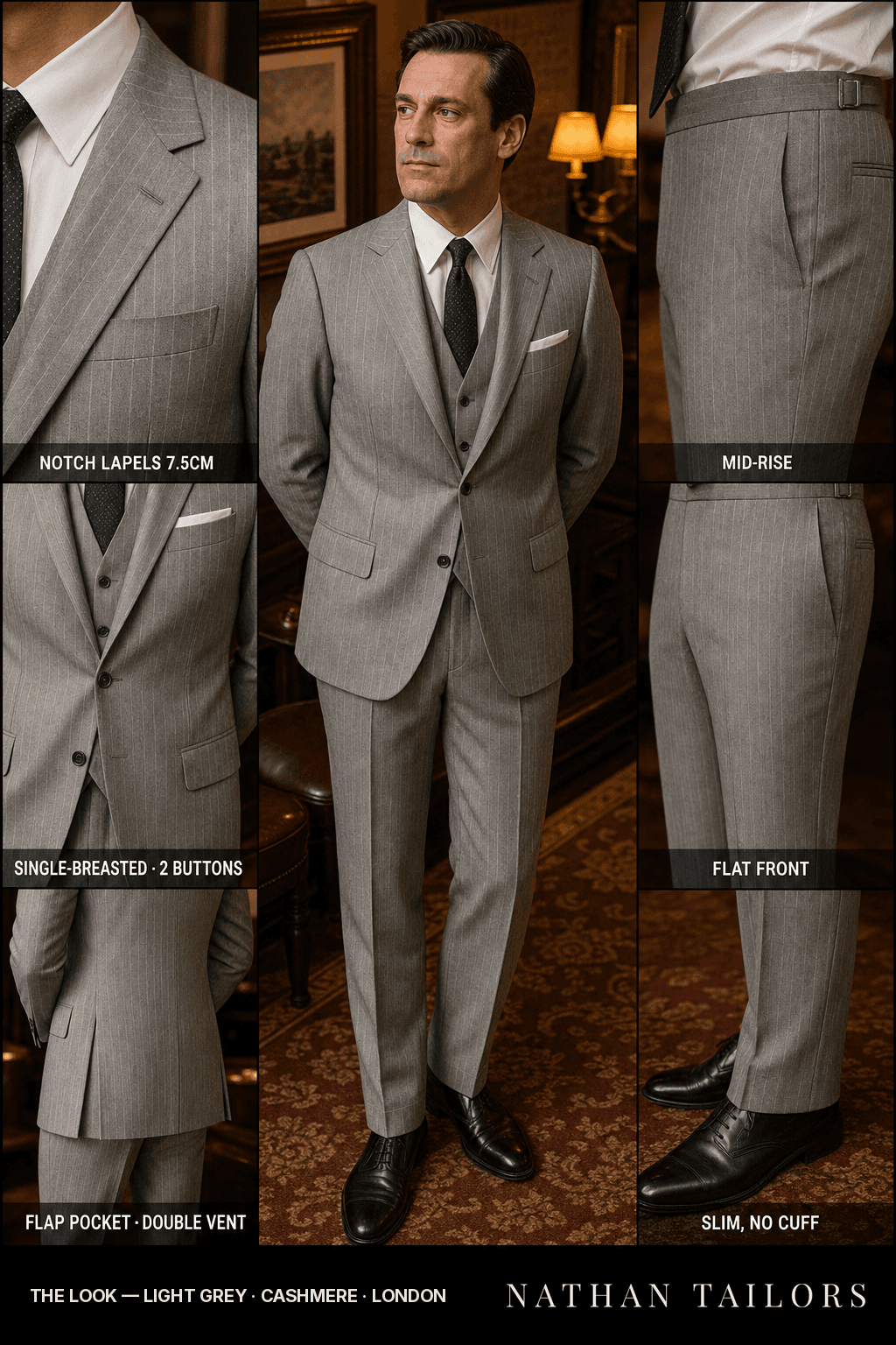 light grey pinstripe single-breasted bespoke suit — custom tailored by Nathan Tailors, the Hoi An custom tailor