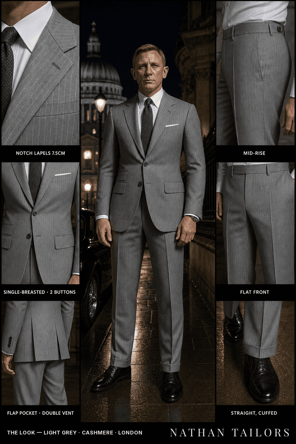 light grey pinstripe single-breasted bespoke suit — custom tailored by Nathan Tailors, the Hoi An custom tailor