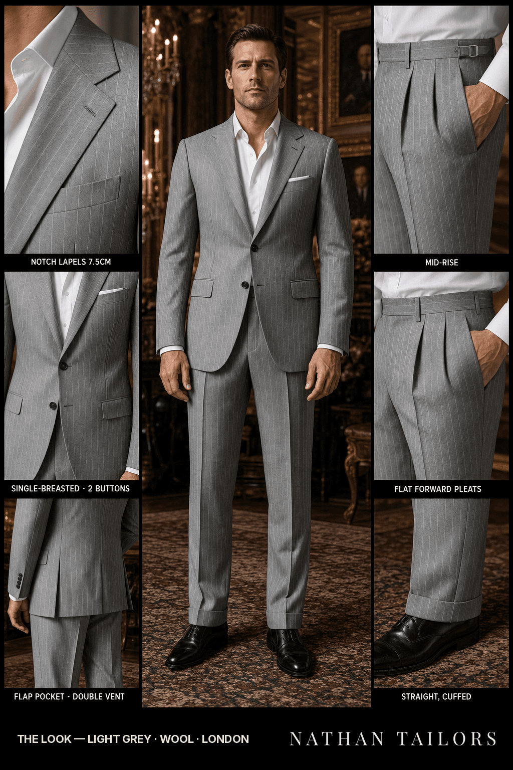 light grey pinstripe single-breasted bespoke suit — custom tailored by Nathan Tailors, the Hoi An custom tailor
