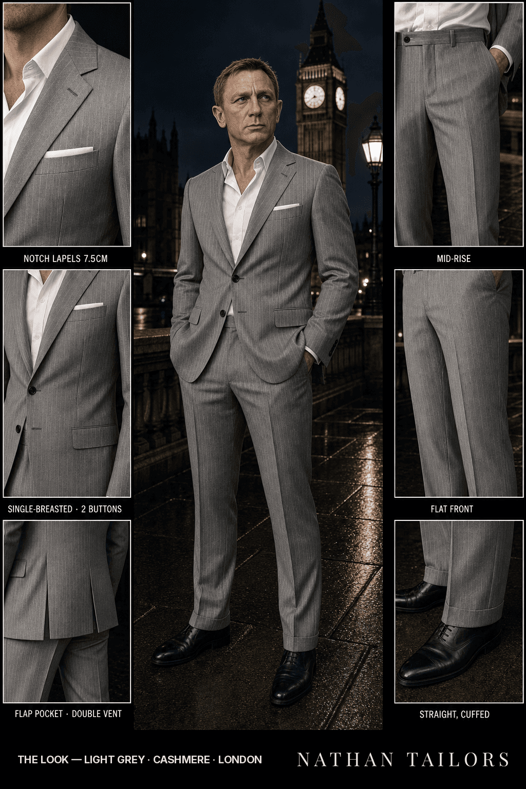 light grey pinstripe single-breasted bespoke suit — custom tailored by Nathan Tailors, the Hoi An custom tailor