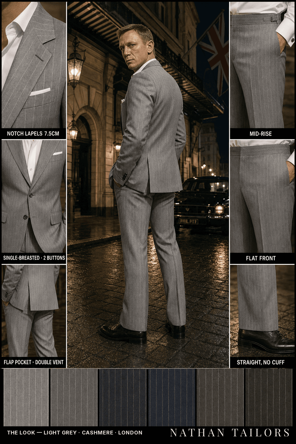 light grey pinstripe single-breasted bespoke suit — custom tailored by Nathan Tailors, the Hoi An custom tailor