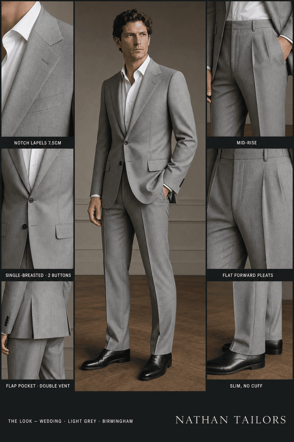 light grey single-breasted notch-lapel bespoke suit — AI-rendered by Nathan Tailors, the Hoi An custom tailor. Available as a custom tailored suit from $129.