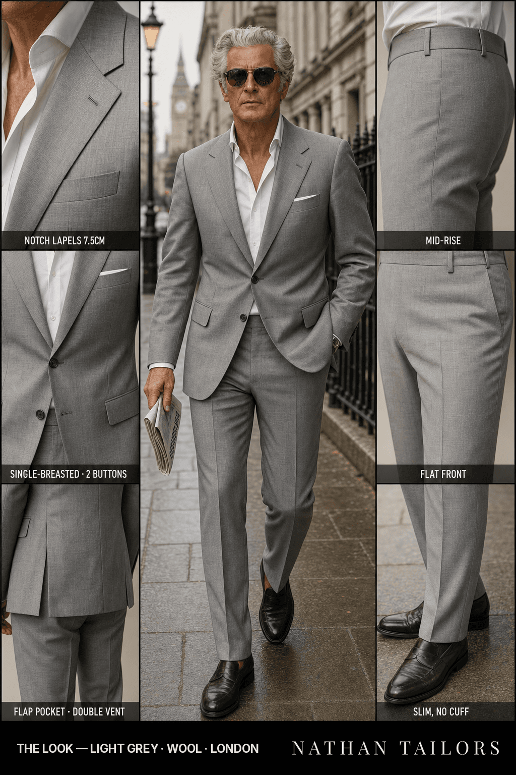 light grey single-breasted bespoke suit — custom tailored by Nathan Tailors, the Hoi An custom tailor