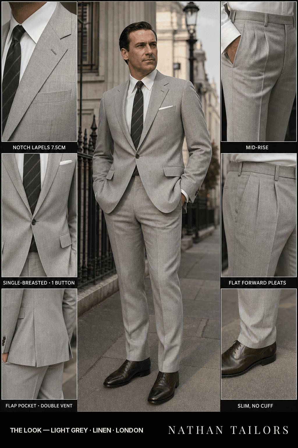 light grey single-breasted bespoke suit — custom tailored by Nathan Tailors, the Hoi An custom tailor