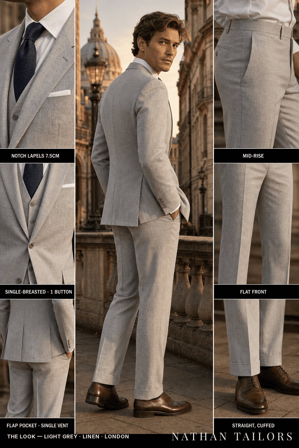 light grey single-breasted bespoke suit — custom tailored by Nathan Tailors, the Hoi An custom tailor