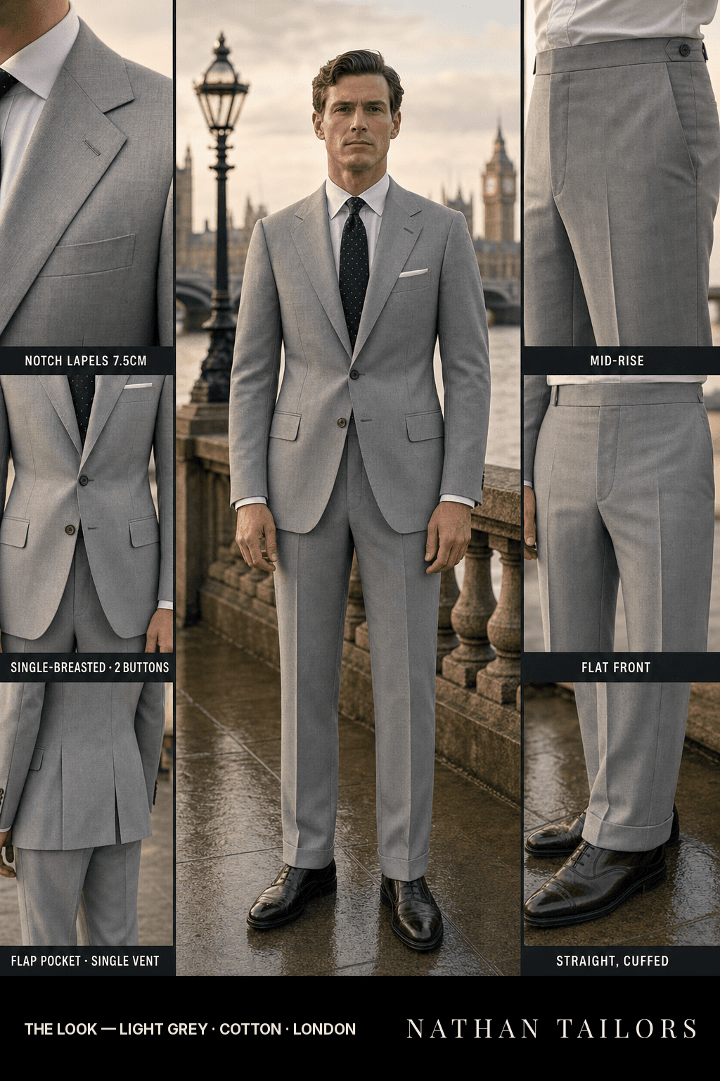 light grey single-breasted bespoke suit — custom tailored by Nathan Tailors, the Hoi An custom tailor