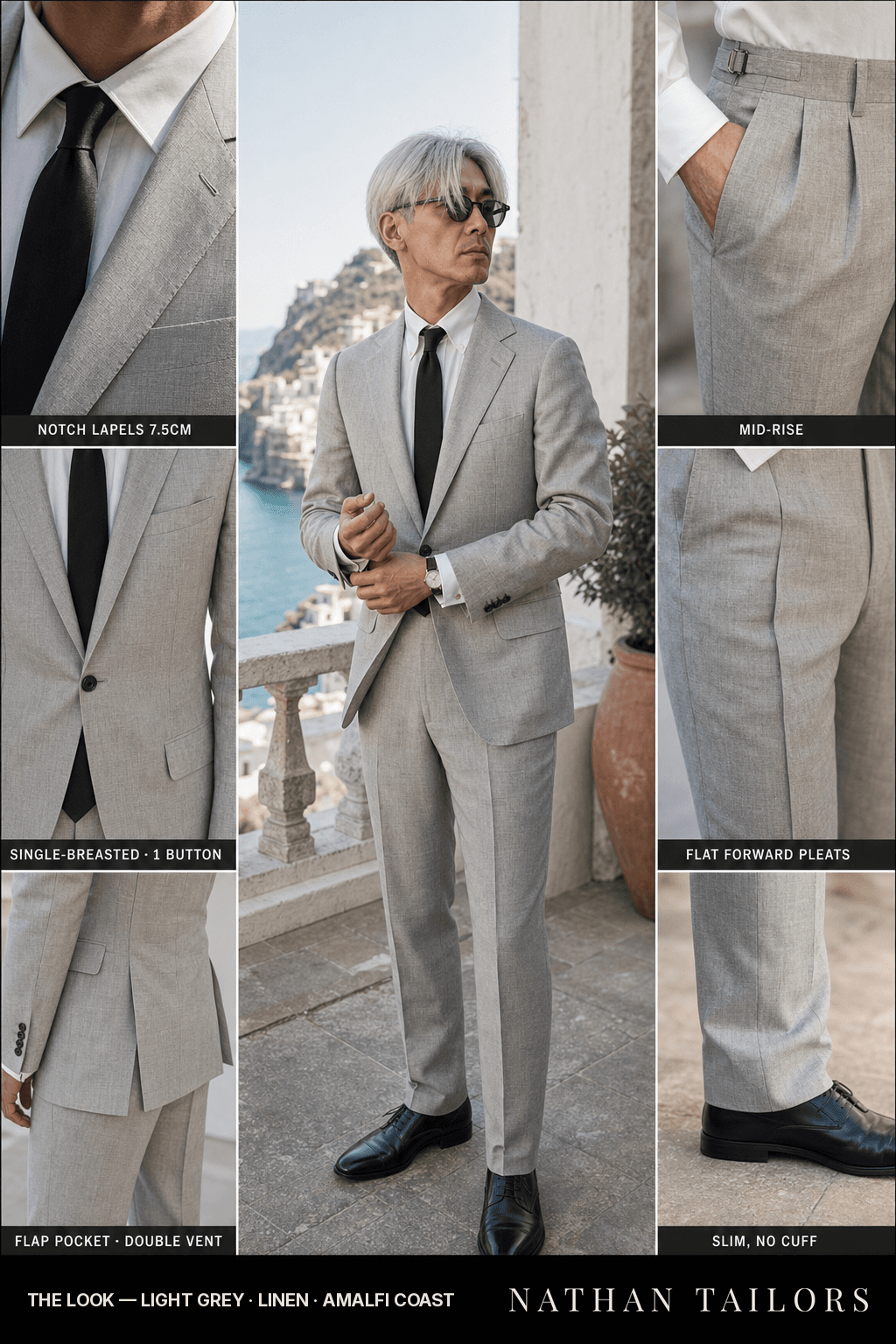 light grey single-breasted bespoke suit — custom tailored by Nathan Tailors, the Hoi An custom tailor